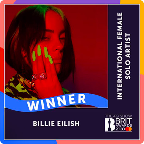 Billie Eilish BRIT Award International Female Solo Artist 2020