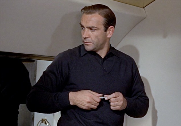 photo © EON, United Artists Sean Connery as James Bond holding the Gillette Slim Razor in Goldfinger's jet.