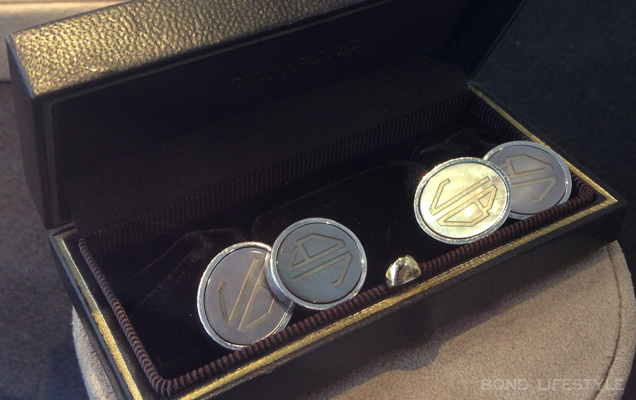photo © Bond Lifestyle James Bond’s JB Tom Ford mother-of-pearl cufflinks on display at the Christie's SPECTRE Sale preview