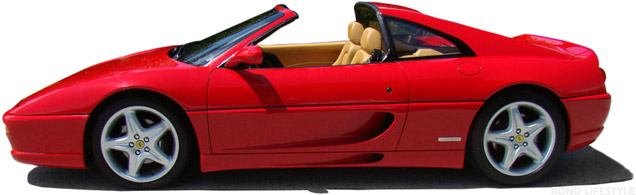 A red Ferrari F355 GTS with tan interior, similar to the car driven by Xenia in GoldenEye.