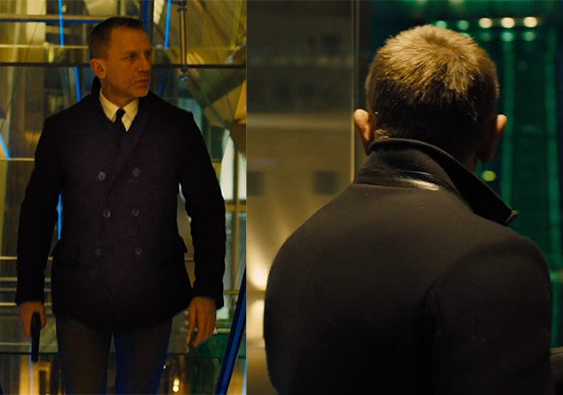 photo © Danjaq LLC, MGM, United Artists James Bond in Shanghai, wearing the Billy Reid peacoat. The leather detail on the collar can clearly be spotted.