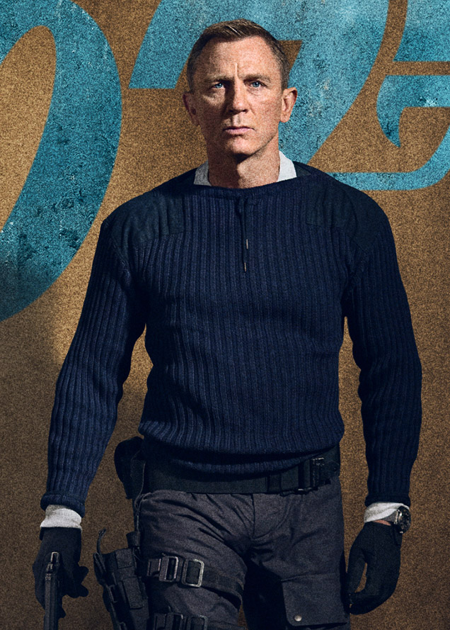 photo © Eon Productions, Danjaq, Universal Pictures, United Artists MGM Daniel Craig as James Bond on a poster for No Time To Die, wearing the commando outfit including the N.Peal sweater