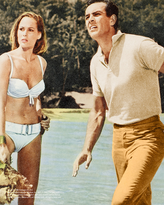 photo © Danjaq LLC, MGM, United Artists A heavily color-corrected promotional image from Dr No shows an ivory shirt, while the shirt and trousers in the film are blue