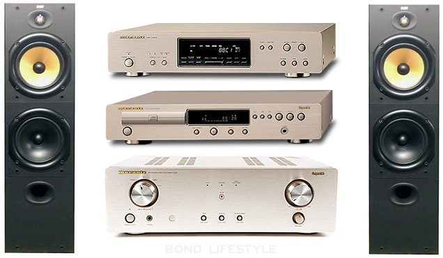 photo © misc Bond's stereo set with Marantz tuner, amplifier and cd player from the 6000 series, and Bowers & Wilkins speakers from the 600 series.