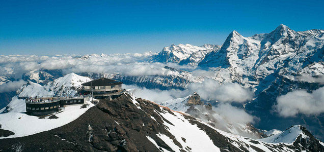 photo © Schilthorn Piz Gloria is located on top of Schilthorn, a 2,970 metre high summit in the Bernese Oberland, Switzerland