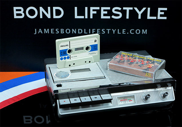 photo © Bond Lifestyle A Philips 2205 cassette tape recorder with C90 tape and World Of Marches (replica by Gadget Meister) tape