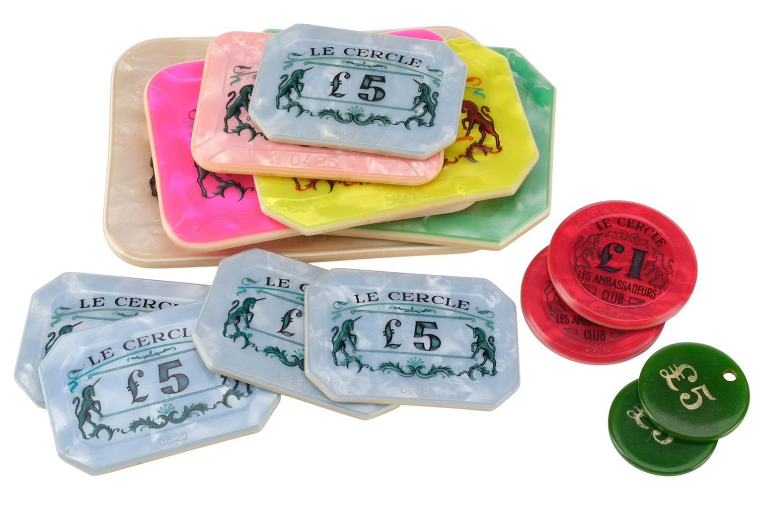 Prop Store Lot 194 Set of 10 Le Cercle Casino Plaques and Four Chips