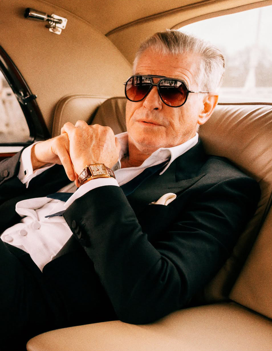 Pierce Brosnan Arena Homme+ cover Jacques Marie Mage Lockheed and watch